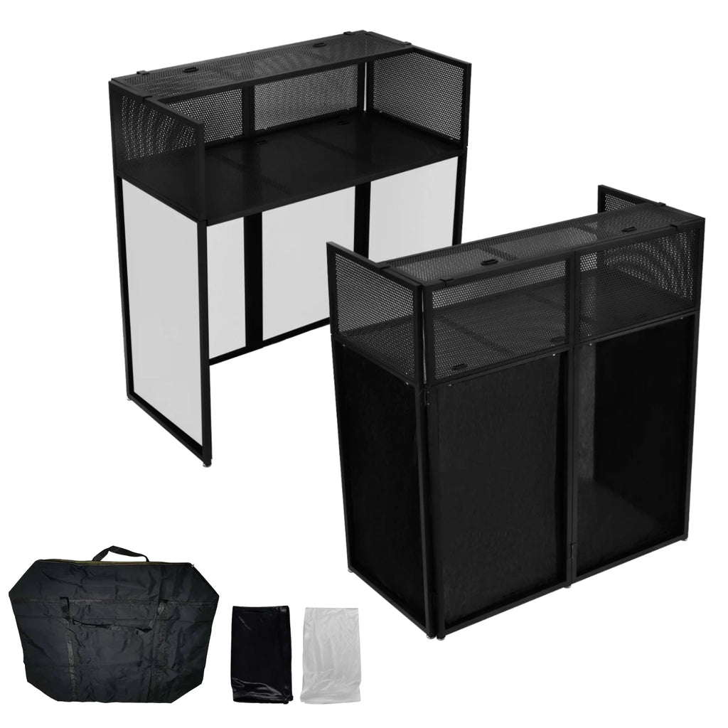 Portable DJ Booth Stand with Metal Frame, Height Adjustable Foldable DJ Table Rack with Black and White Scrims, Carrying Bag, Storaggio Pieghevole Portatile