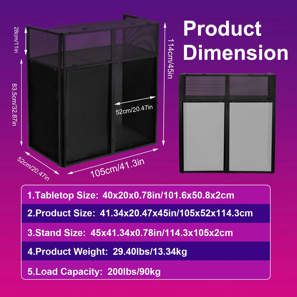 Portable DJ Booth Stand with Metal Frame, Height Adjustable Foldable DJ Table Rack with Black and White Scrims, Carrying Bag, Storaggio Pieghevole Portatile