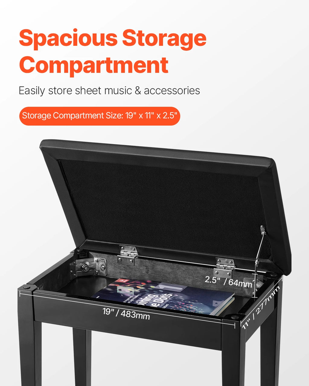 SucceBuy Piano Use Chair, Piano Bench with High-Density Padded Cushion & Storage Compartment Wooden Piano Bookcase Stool Seat