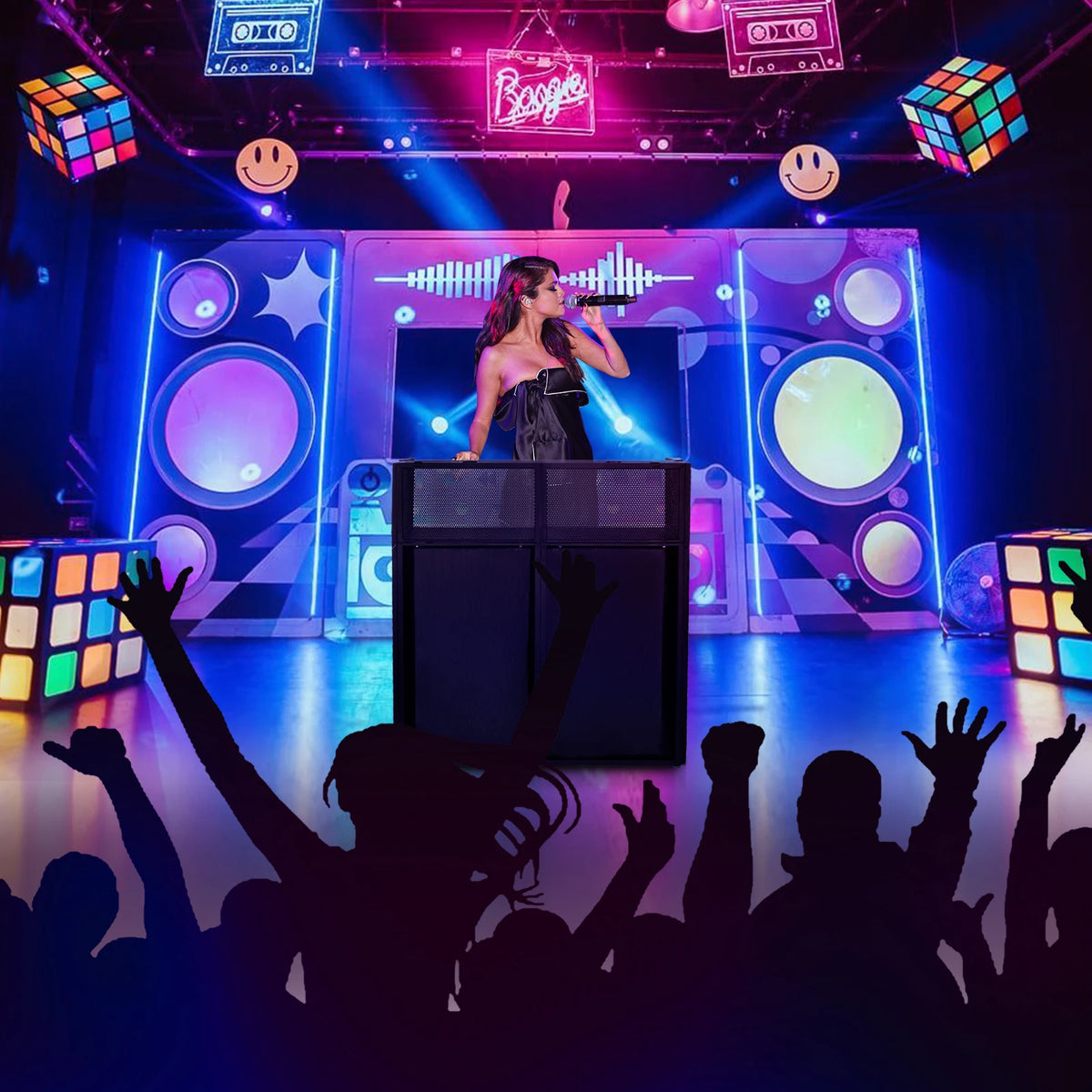 Portable DJ Booth Stand with Metal Frame, Height Adjustable Foldable DJ Table Rack with Black and White Scrims, Carrying Bag, Storaggio Pieghevole Portatile