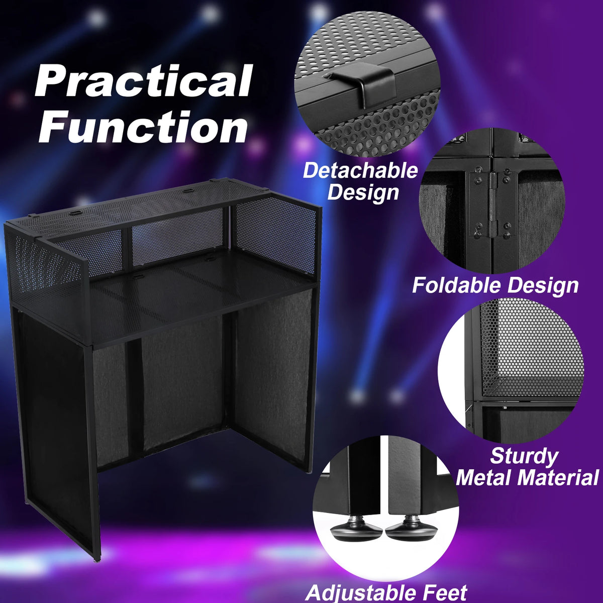 Portable DJ Booth Stand with Metal Frame, Height Adjustable Foldable DJ Table Rack with Black and White Scrims, Carrying Bag, Storaggio Pieghevole Portatile