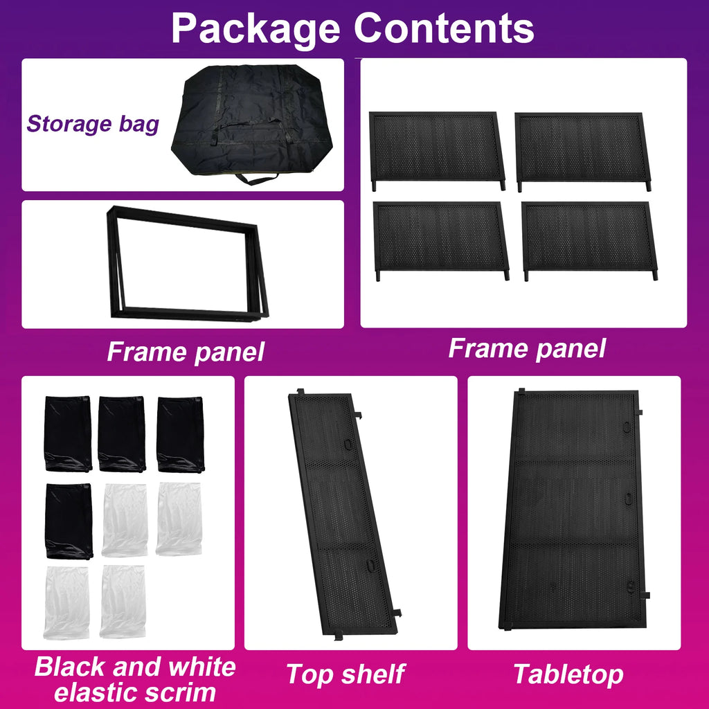 Portable DJ Booth Stand with Metal Frame, Height Adjustable Foldable DJ Table Rack with Black and White Scrims, Carrying Bag, Storaggio Pieghevole Portatile