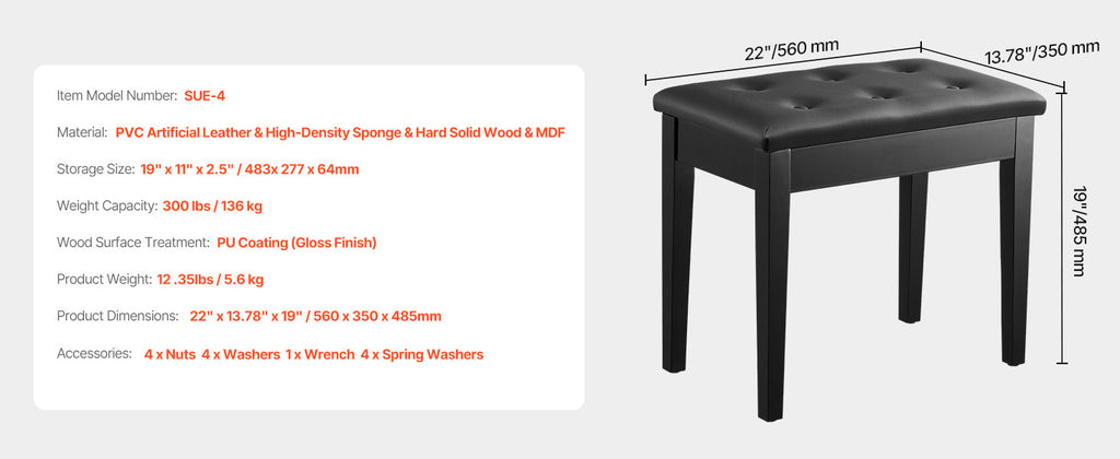 SucceBuy Piano Use Chair, Piano Bench with High-Density Padded Cushion & Storage Compartment Wooden Piano Bookcase Stool Seat