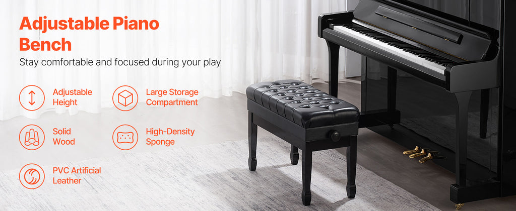 SucceBuy Piano Use Chair, Piano Bench with High-Density Padded Cushion & Storage Compartment Wooden Piano Bookcase Stool Seat