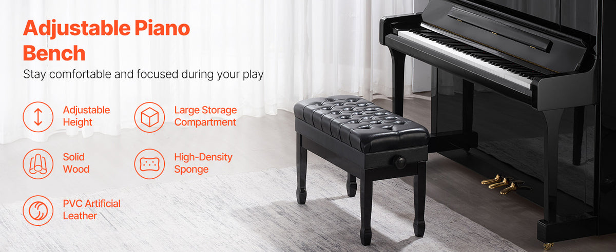 SucceBuy Piano Use Chair, Piano Bench with High-Density Padded Cushion & Storage Compartment Wooden Piano Bookcase Stool Seat