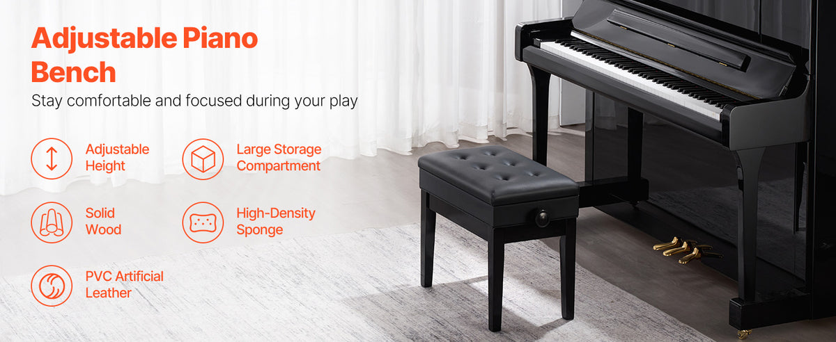 SucceBuy Piano Use Chair, Piano Bench with High-Density Padded Cushion & Storage Compartment Wooden Piano Bookcase Stool Seat