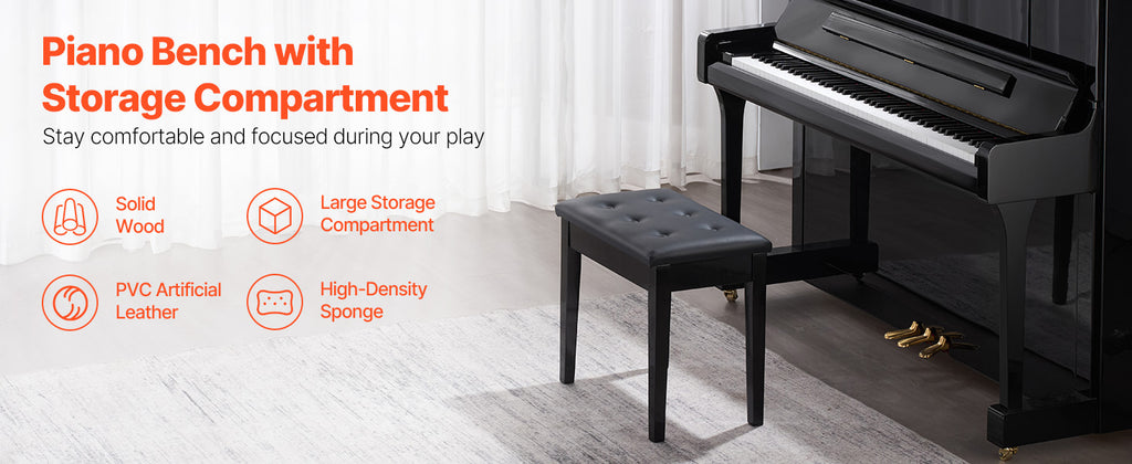 SucceBuy Piano Use Chair, Piano Bench with High-Density Padded Cushion & Storage Compartment Wooden Piano Bookcase Stool Seat