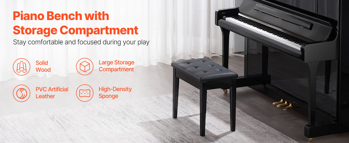 SucceBuy Piano Use Chair, Piano Bench with High-Density Padded Cushion & Storage Compartment Wooden Piano Bookcase Stool Seat