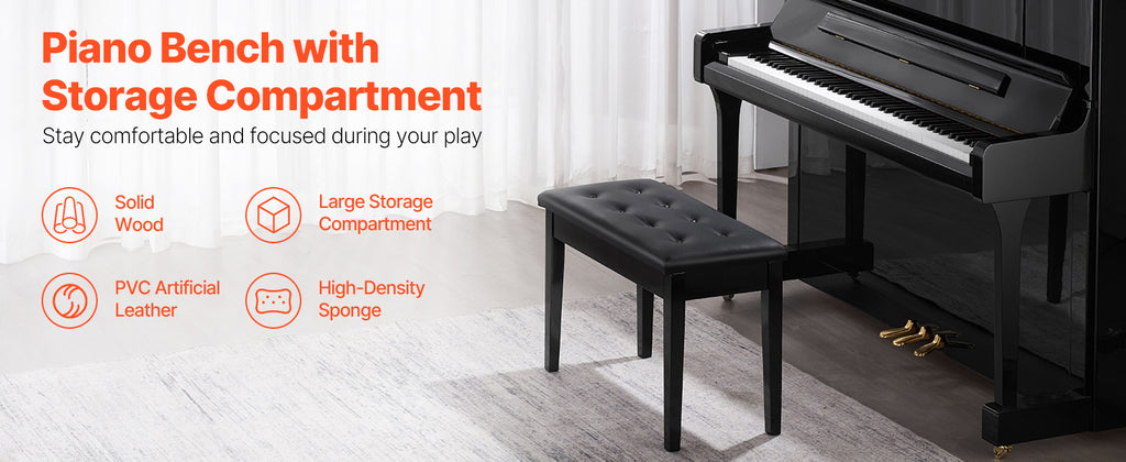 SucceBuy Piano Use Chair, Piano Bench with High-Density Padded Cushion & Storage Compartment Wooden Piano Bookcase Stool Seat