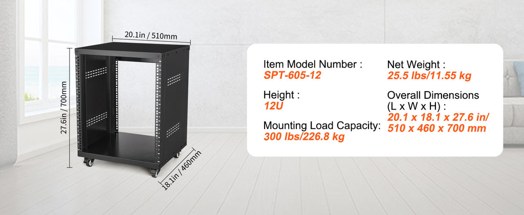 SucceBuy 12U AV Rack Stand Network Stereo Recording Studio Rack Special Vents for 19" Audio Video Musical& IT Equipment Mounting